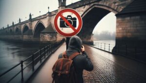 Fotograf vor einerr Brtücke in Polen und ein Schild , das Fotografieren verbietet